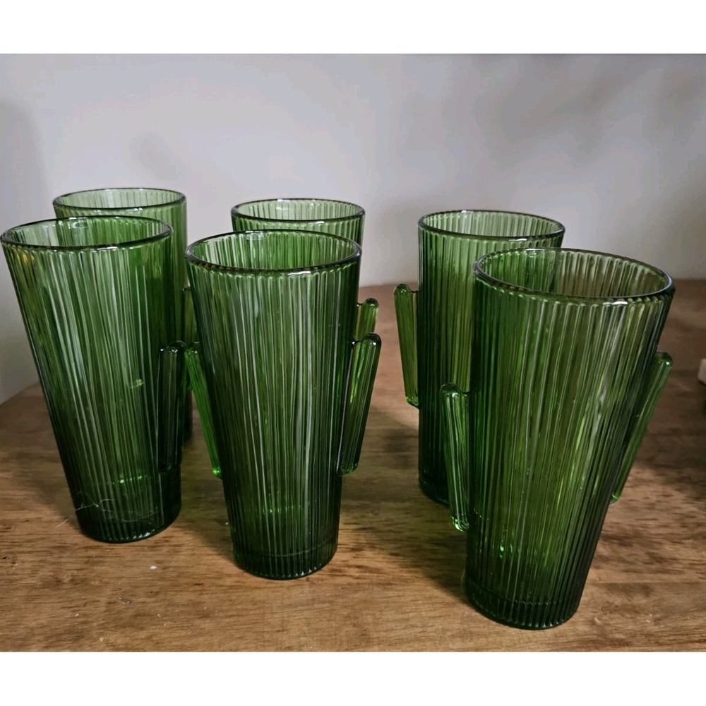 Set-6 Libbey Saguaro Cactus Glass Emerald Green 16 Oz Tumbler 7" 1970 Quality! - Picture 2 of 6